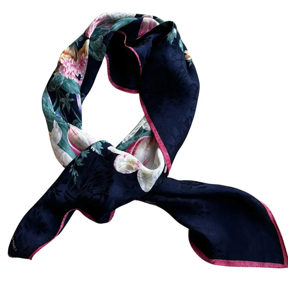 Vintage Ellen Tracy Silk brocade floral scarf blue pink green flowers square